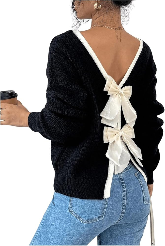 Floerns Women's Colorblock Bowknot Back Long Sleeve Sweater Cute Pullover Tops | Amazon (US)