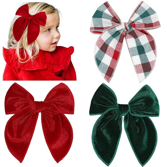 DEEKA Large Christmas Fable Hair Bows 3 PCS Red and Green Velvet Bows Plaid Checkered Hair Bow Cl... | Amazon (US)