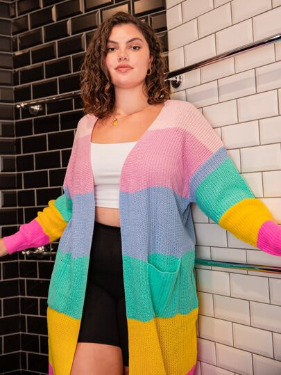 Plus Drop Shoulder Patch Pocket Rainbow Stripe Cardigan | SHEIN