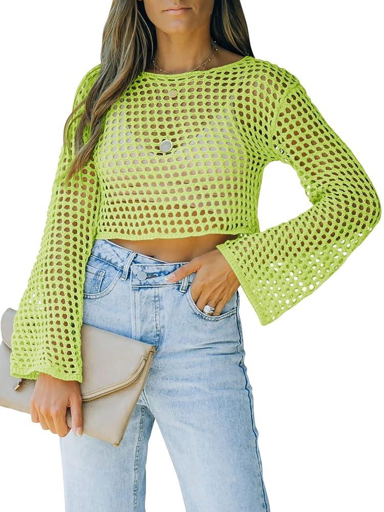 Womens Fishnet Crochet Crop Top Sexy Long Sleeve See Through Hollow Out Mesh Bikini Cover Ups | Amazon (US)
