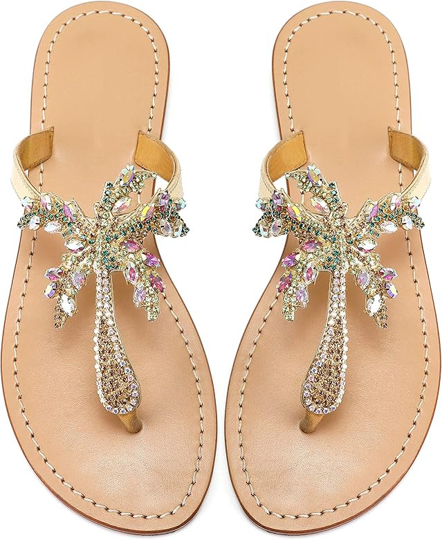 Monrovia Women's Rhinestone Jeweled Flat Beach Wedding Summer Sandals Gold Rhinestone Jeweled San... | Amazon (US)