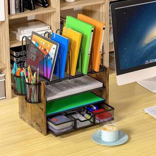 Brown 16.34 in. x 10 in. Wooden Mesh Desk Organizer with 5-Vertical File Holders, 2-Pen Holders and Sliding Drawer | The Home Depot