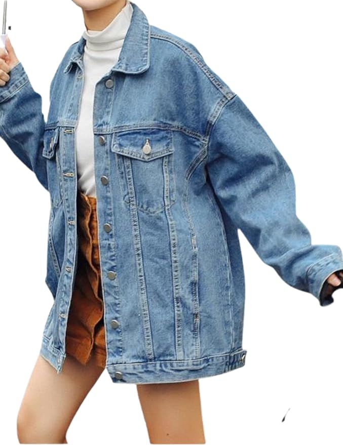Women's Casual Loose Oversized Denim Jacket Long Sleeved Button Jean Jacket Coat Tops | Amazon (US)