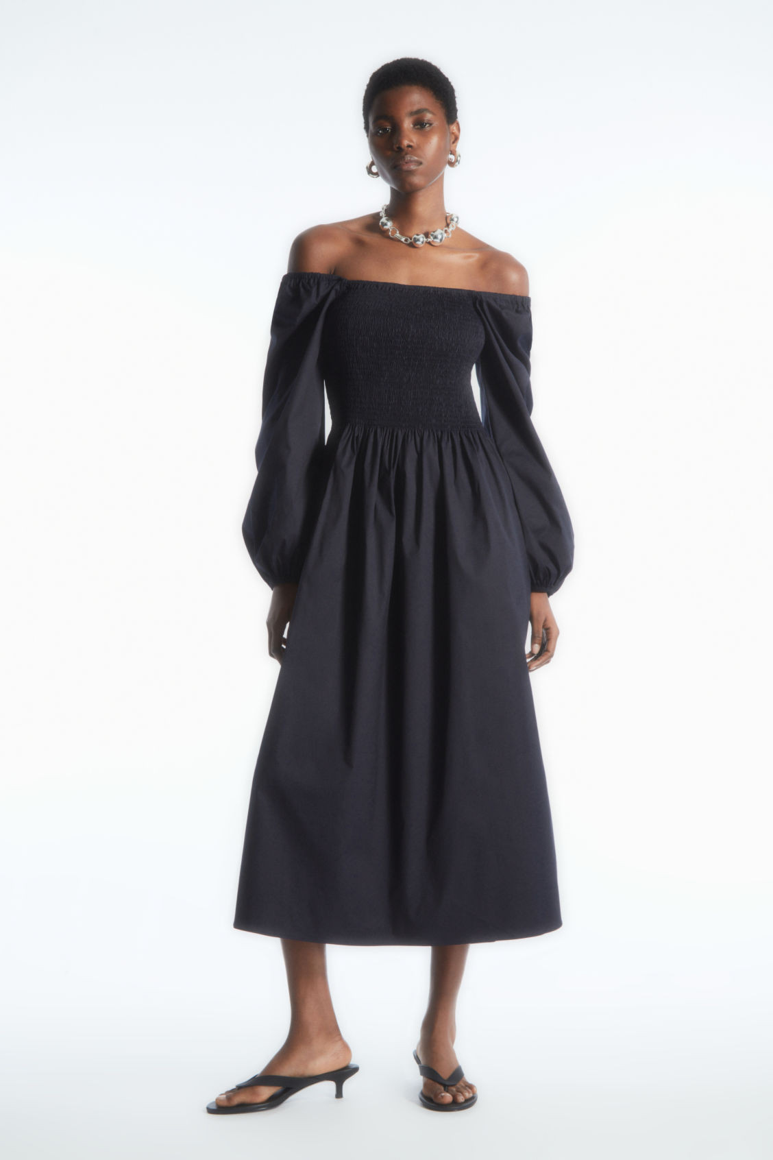 OFF-THE-SHOULDER SMOCKED MIDI DRESS | COS UK