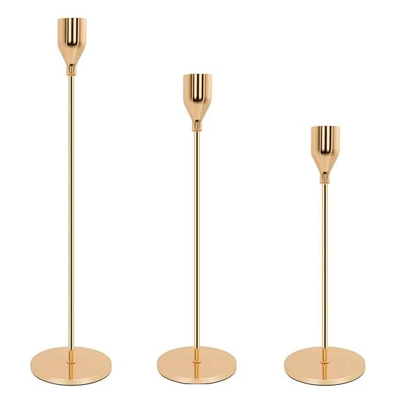 WillGail Set of 3 Gold Brass Candle Holders for Taper Candles, Decorative Candlestick Holder for ... | Amazon (US)