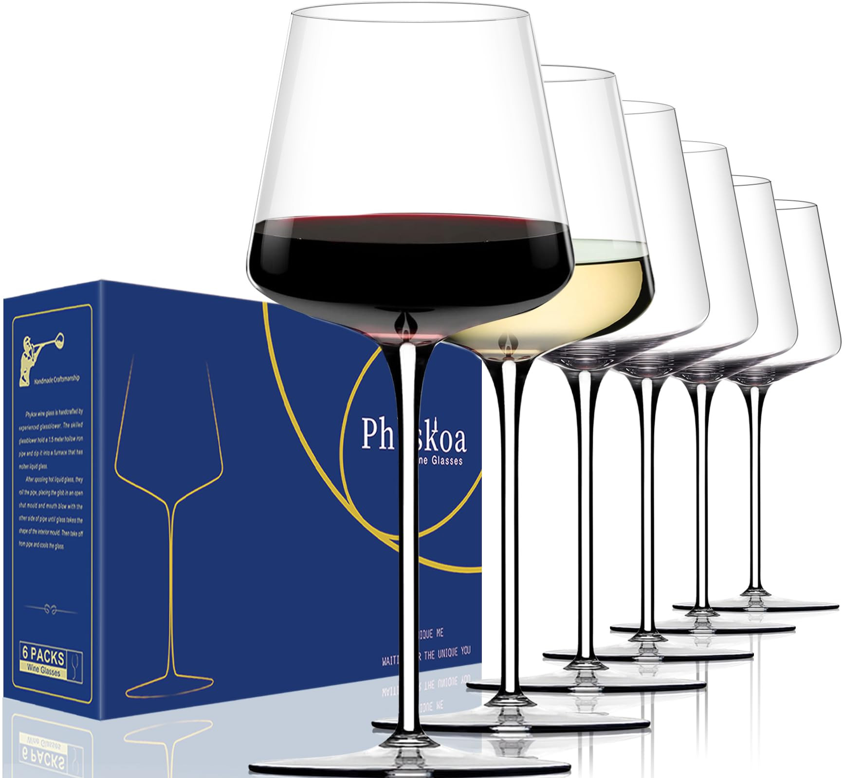 White Red Wine Glasses Set of 6 – 18oz Clear【Hand Blown】 Crystal Wine Glass – Tall Long S... | Amazon (US)