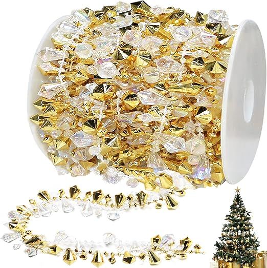 Jishi 16ft Christmas Garland Christmas Tree Gold Bead Decoration Clear Iridescent & Gold Bead Gar... | Amazon (US)