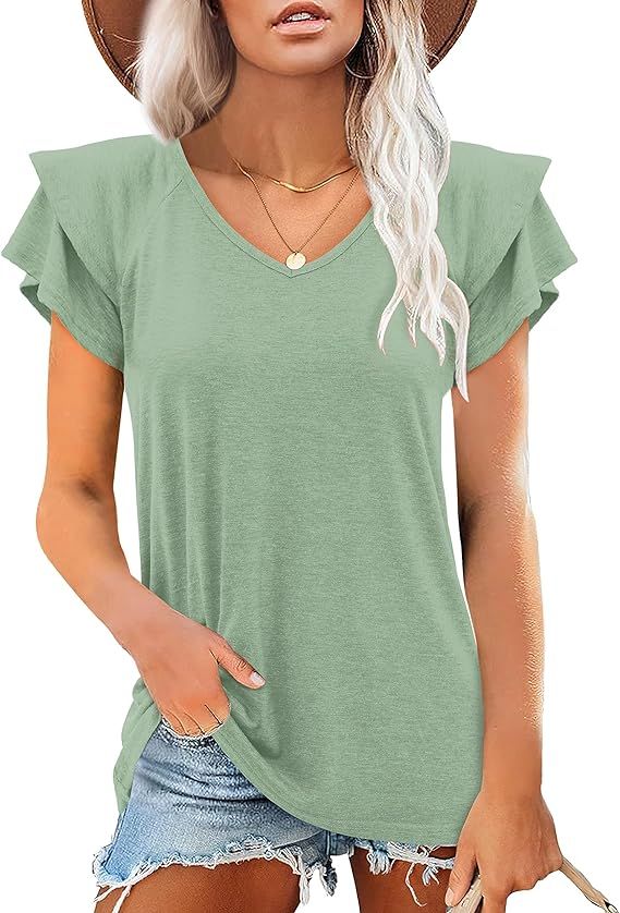 Beluring Womens Summer Tops Ruffle Short Sleeve V Neck Casual Loose Tunic T Shirts | Amazon (US)