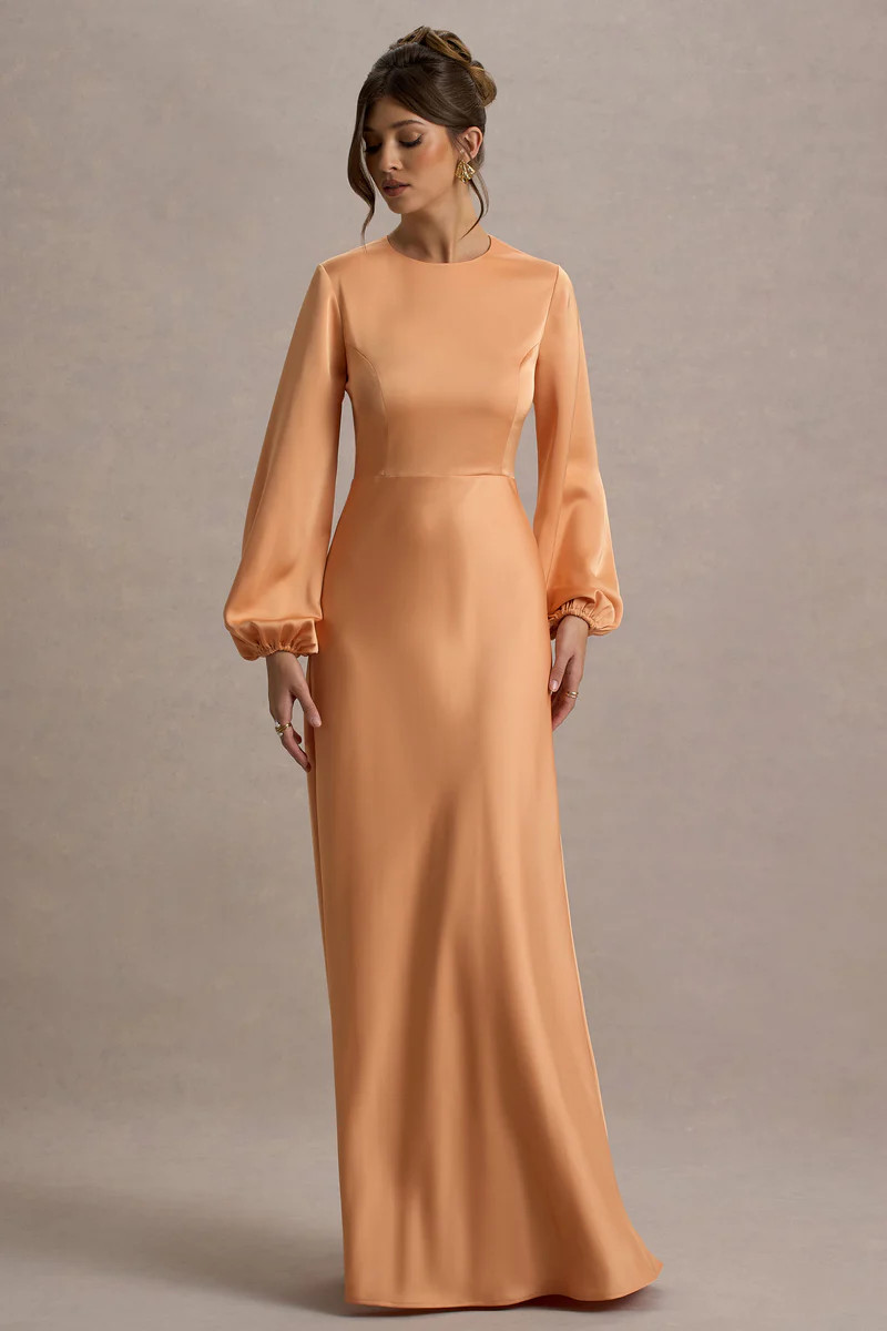 Crawley  Peach Satin Puff-Sleeve Maxi Dress | Club L London