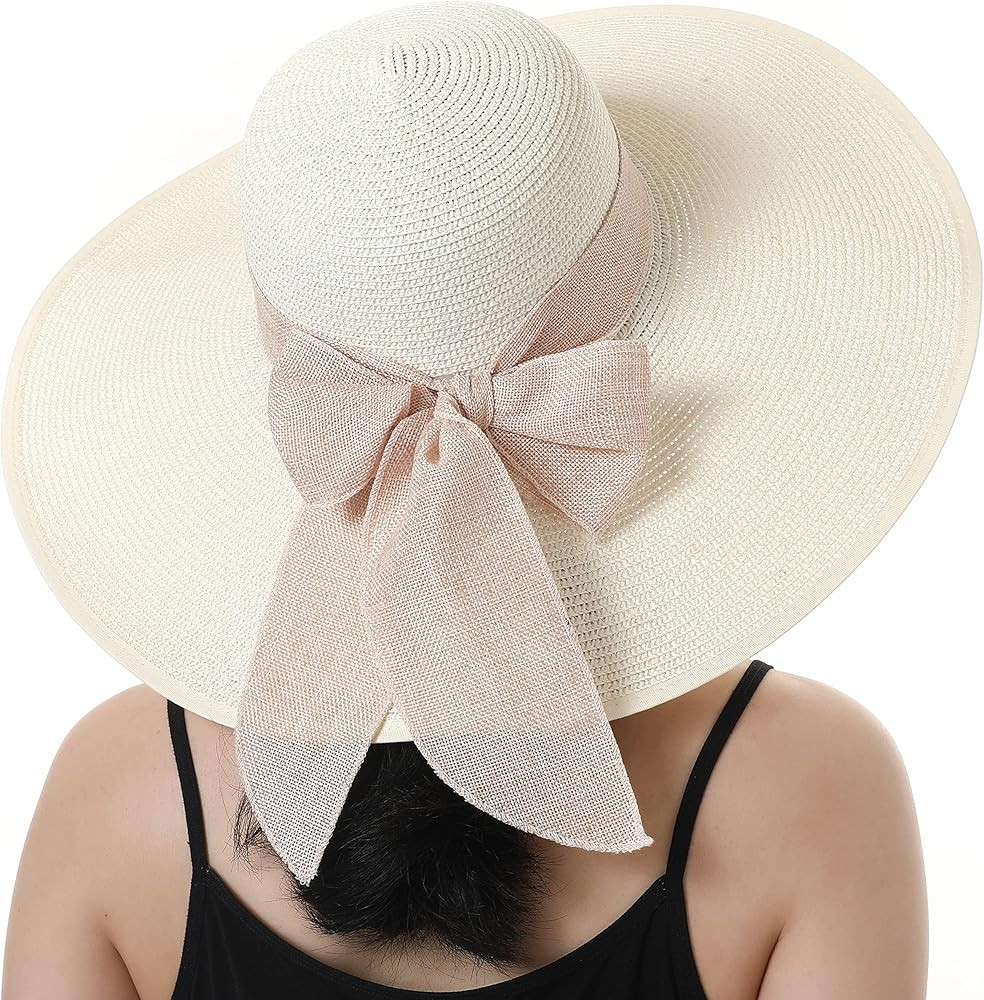 Roniky Beach Sun Hat for Women Bow-Knot UV UPF 50+Travel Foldable Wide Brim Straw Hat | Amazon (US)