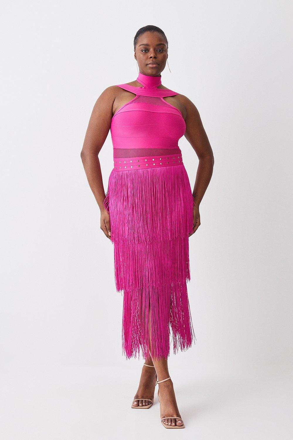 Plus Size Cut Out Fringed Bandage Knit Midi Dress | Karen Millen US