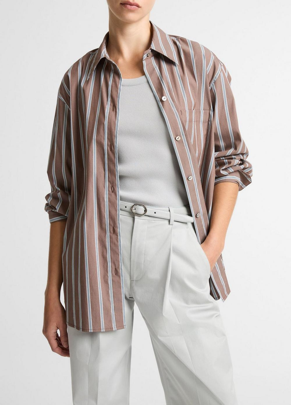 Women's Striped Cotton-Blend Button-Front Shirt, Brown Multi, Size S Vince | Vince LLC