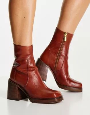 ASOS DESIGN Region leather mid-heel boots in tan | ASOS (Global)