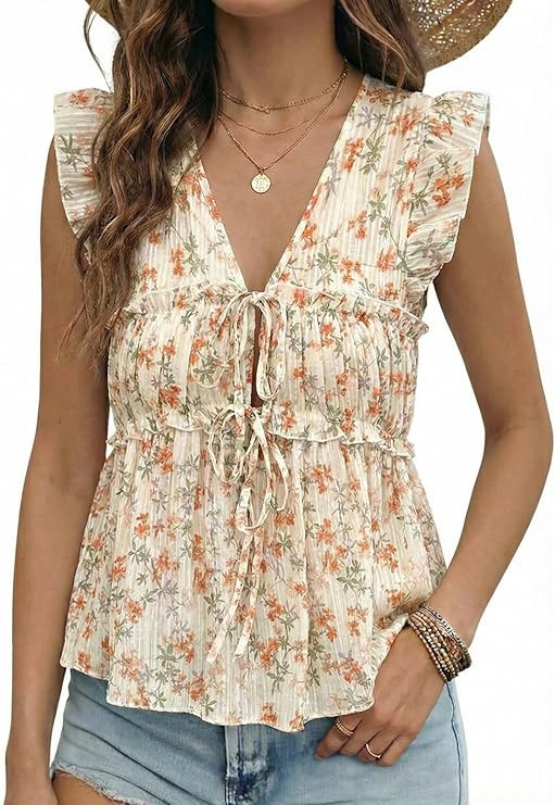 Acelitt Womens V Neck Ruffle Cap Sleeve Tie Front Tops,S-XXL | Amazon (US)