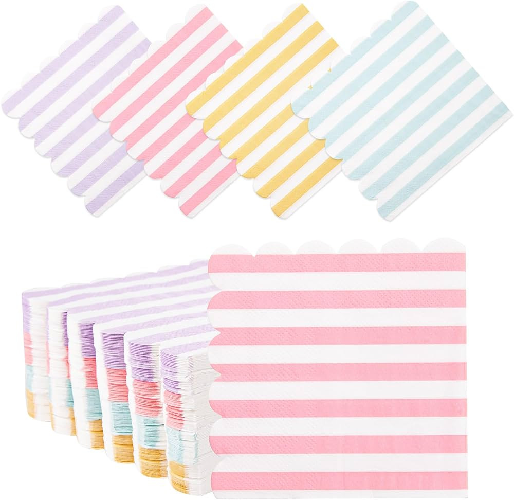 100 Pcs Striped Pastel Napkins, 5 x 5 Inches Scalloped Napkins, Disposable Cocktail Napkins for P... | Amazon (US)