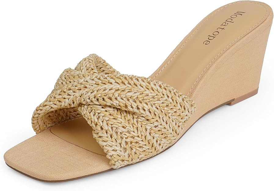 Modatope Wedge Sandals for Women Braided Wedge Heels Square Open Toe Raffia Dressy Womens Sandals | Amazon (US)