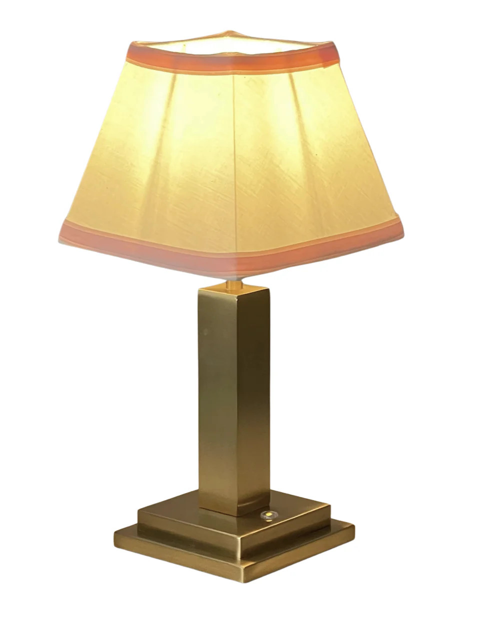 Rechargeable Table Lamp – Gold Square Base, Pink Trim Pleated Shade | The Enchanted Home