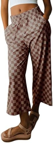 SELINK Women Casual Checkered Elastic High Waist Loose Pajama Pants with Pockets Plaid Straight W... | Amazon (US)