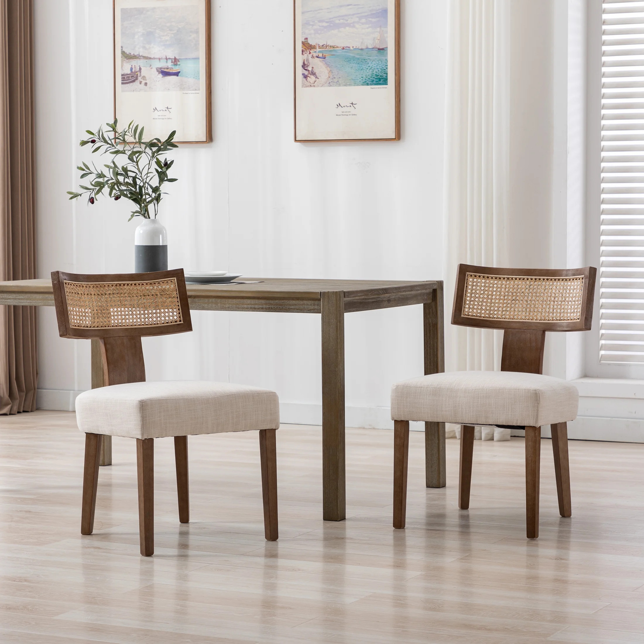 Guyou Modern Rattan Backrest Dining Chairs Set of 2, Mid-century Farmhouse Linen Upholstered Kitc... | Walmart (US)