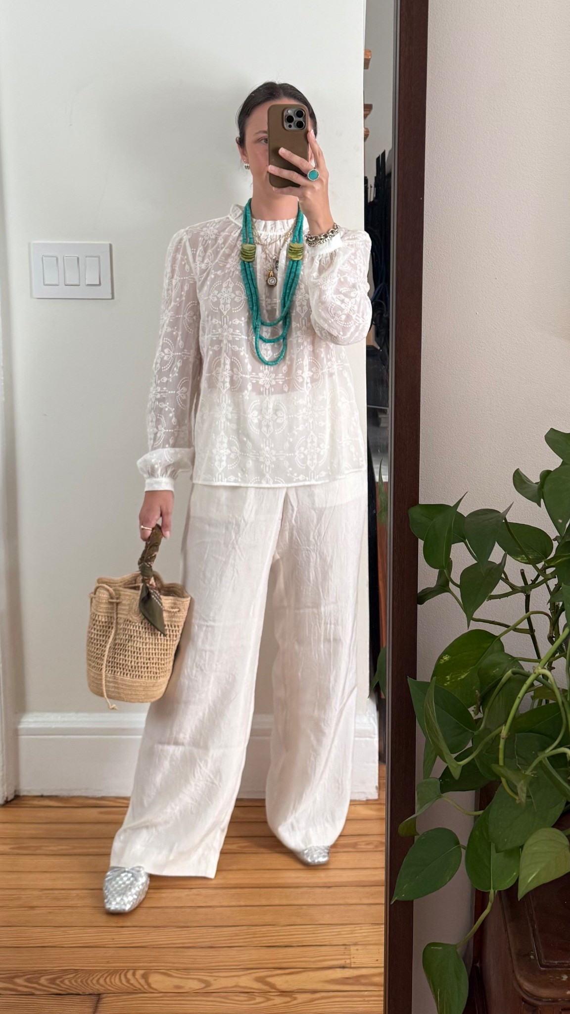 J.Crew Stratus Pant (size s, runs large), Freda Salvador Jada ballet flats (SIMONE10 gets you $$ off, TTS). 

Toddler mom going out outfits, mom summer outfits, all white outfit