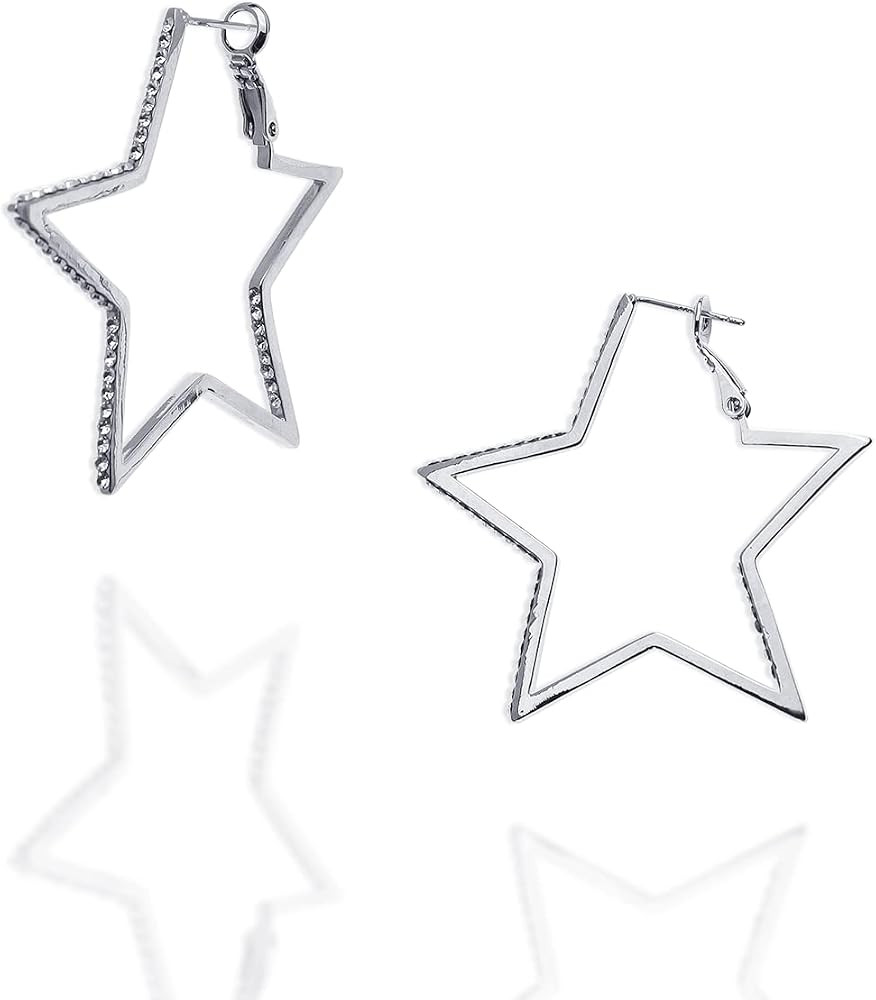 JeanBeau Big Star Rhinestone Hoop Earrings for Women Sparkly Bling Cubic Zirconia Diamond Large S... | Amazon (US)