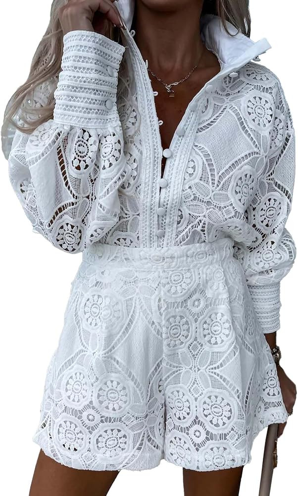 Floral Embroidery, Hollow Out, Button Down Long Sleeve Shirts, Elastic Waist Wide Leg Shorts, Boh... | Amazon (US)