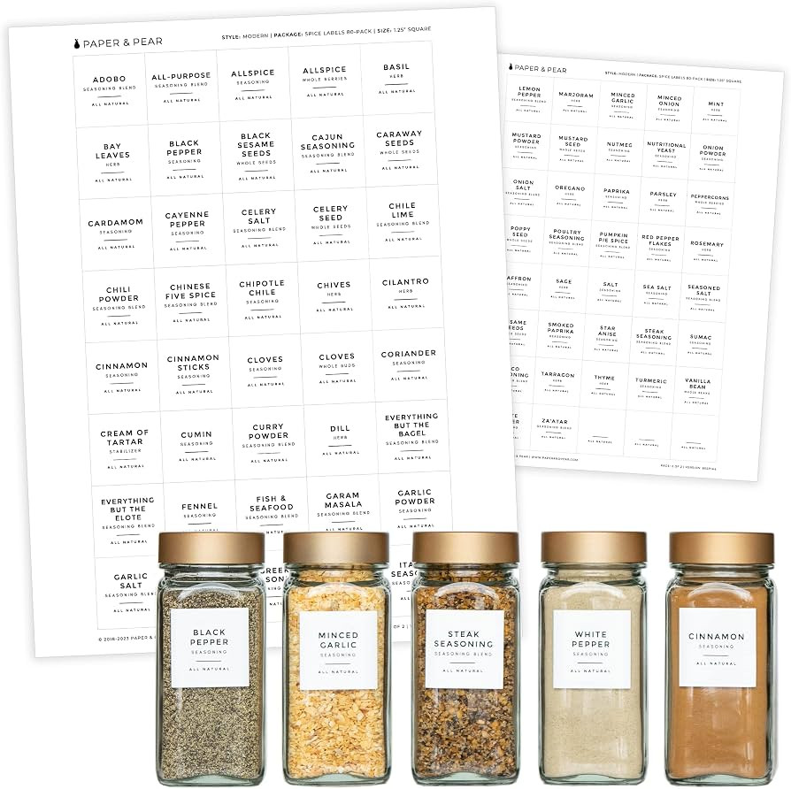 Modern Style White Spice Labels (no Jars) by Paper & Pear - Oil Resistant Kitchen Pantry Labels -... | Amazon (US)