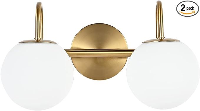 Modern Bathroom Vanity Light Fixtures 2 Lights Brushed Brass Milk White Globe Glass Shade Modern ... | Amazon (US)