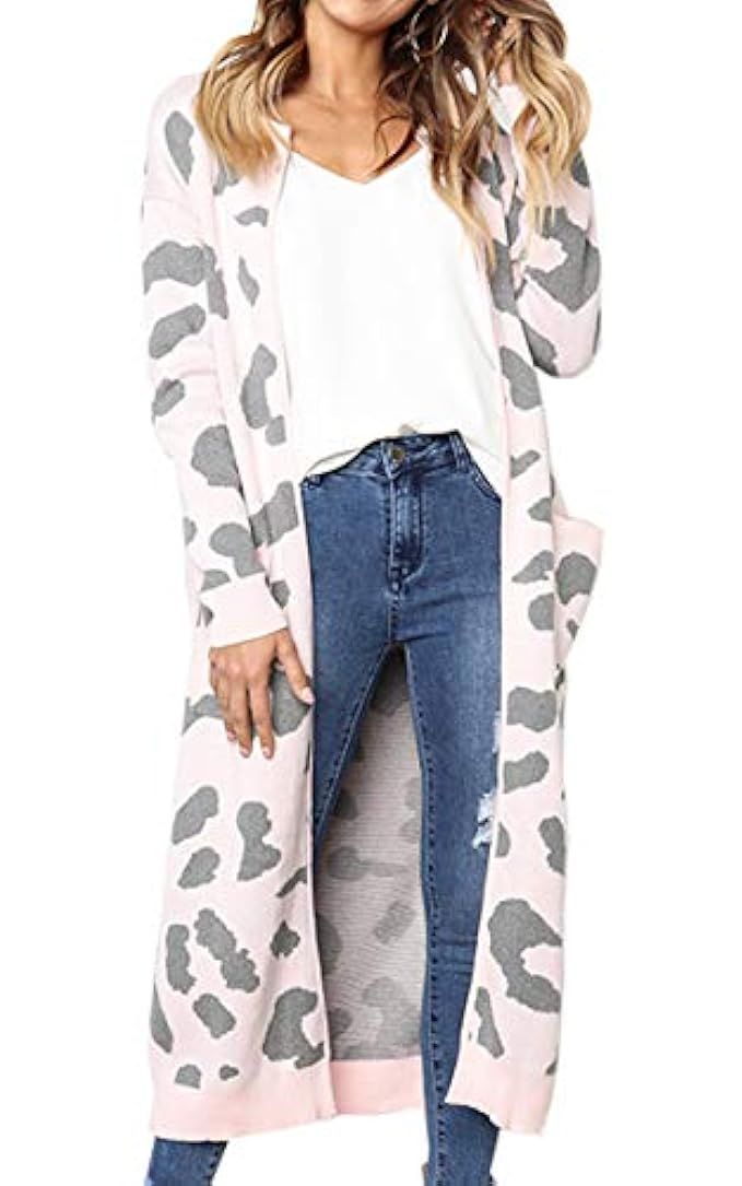 Angashion Women's Long Sleeves Leopard Print Knitting Cardigan Open Front Warm Sweater Outwear Coats | Amazon (US)