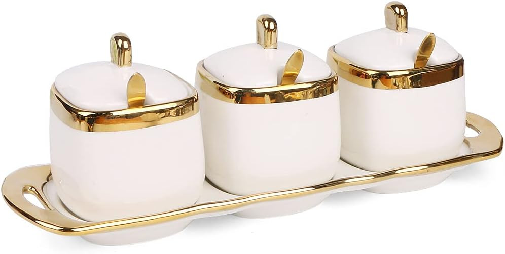 Sugar Bowl with Lid and Spoon, Ceramic Spice Containers for Countertop, Salt and Coffee Sugar Container Set, White Seasoning Bowls, Gold Condiment Container Set of 3 for Kitchen Coffee Bar | Amazon (US)