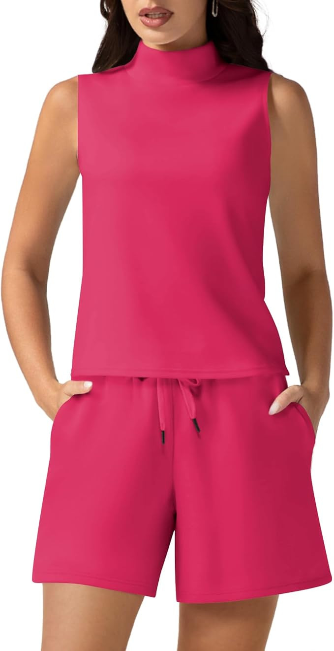 Women's Summer 2 Piece Outfits Mock Neck Tank Top High Waisted Shorts Lounge Sets 2024 Fashion Tr... | Amazon (US)