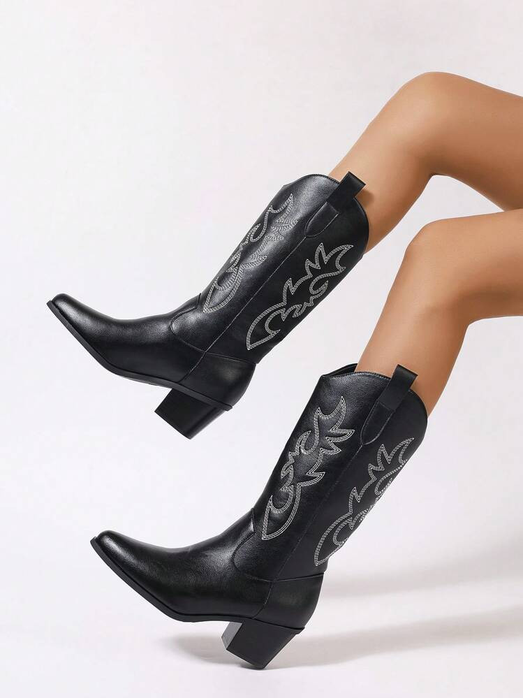 Women's Western Style Knight Boots With Embroidery Details, Cowboy Boots For Women | SHEIN