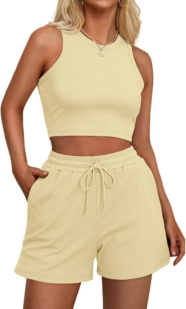 AUTOMET Womens 2 Piece Outfits Lounge Sets Sleeveless Crop Top and Drawstring Shorts Sweatsuits Summ | Amazon (US)