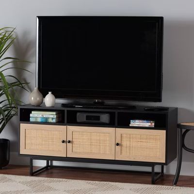 Declan Wood and Natural Rattan 3 Door TV Stand Espresso Brown/Black - Baxton Studio | Target