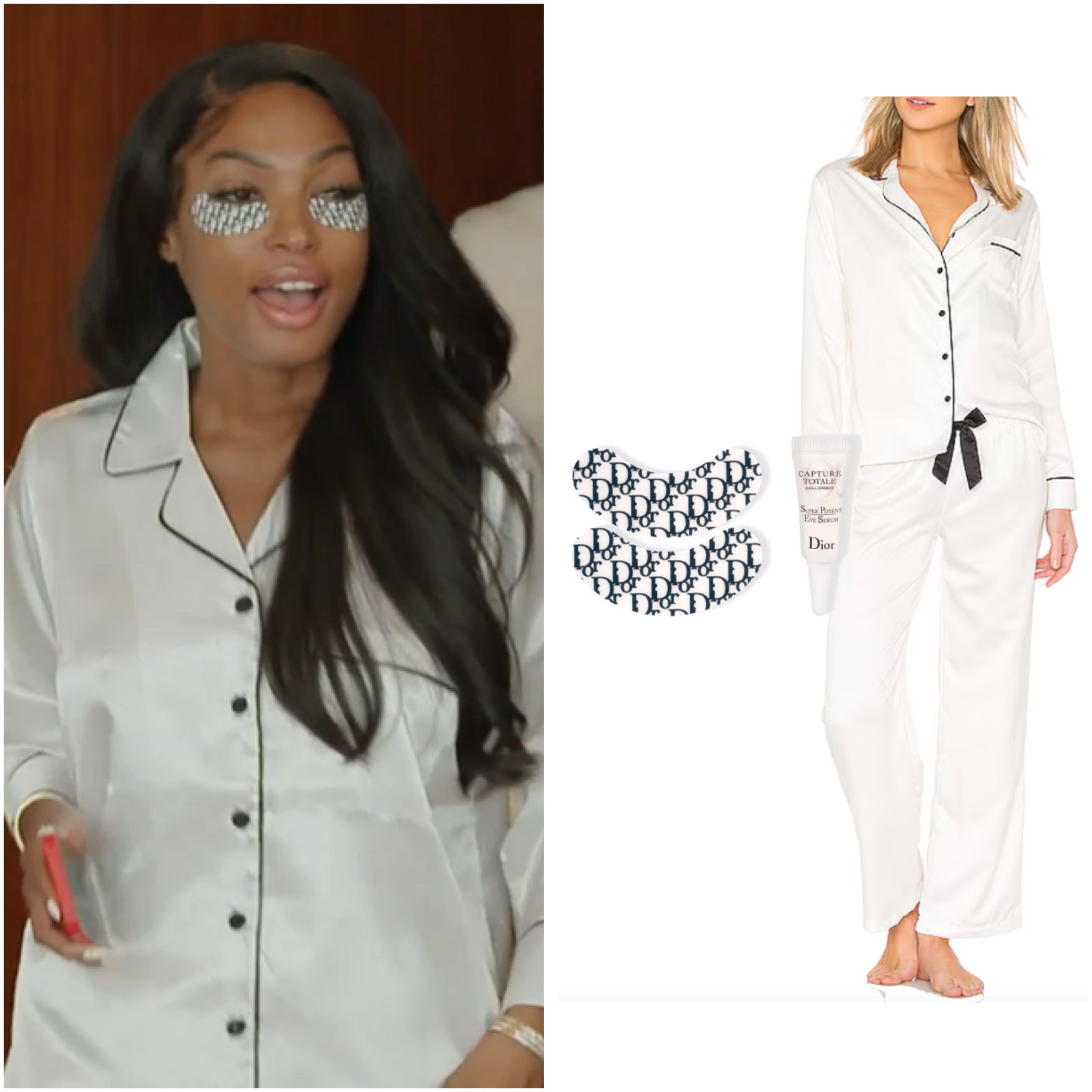 Lesa Milan’s White and Black Printed Eye Patches and Satin Pajamas 