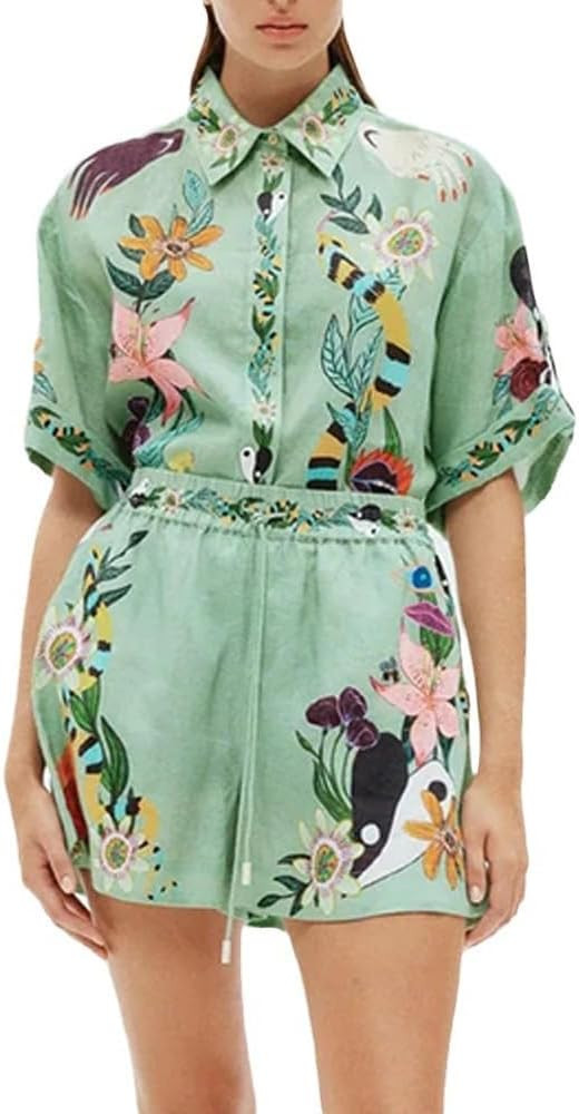 Women's Boho 2 Piece Linen Outfits Short Sleeve Button Down Shirt Wide Leg Shorts Summer Matching... | Amazon (US)