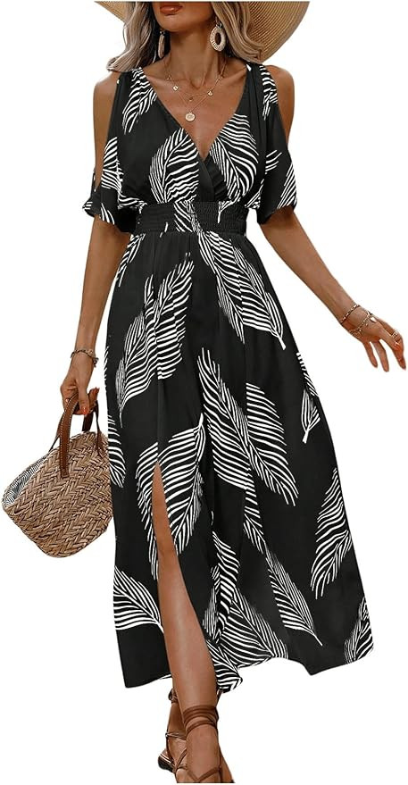 Verdusa Women's Summer Vacation Beach Dress Hawaiian Maxi Dresses Tropical Cold Shoulder Sundress | Amazon (US)