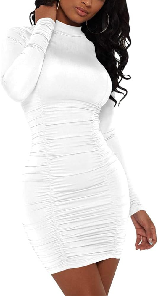 GOKATOSAU Women's Sexy Stand Neck Bodycon Long Sleeve Ruched Club Party Mini Dress | Amazon (US)