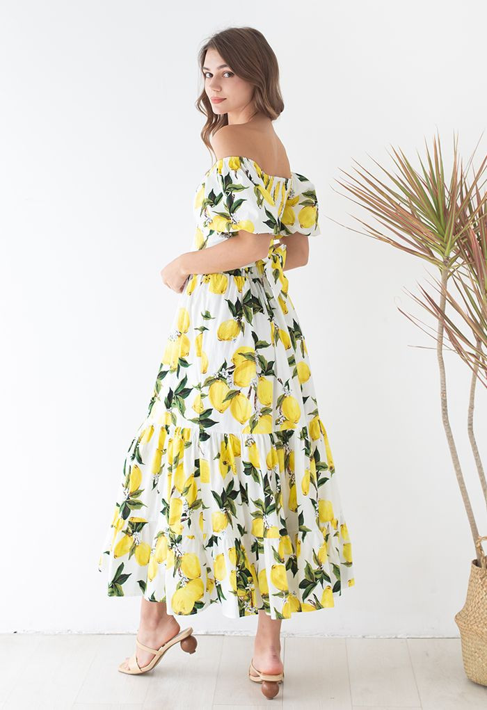 Off-Shoulder Bowknot Crop Top and Flare Skirt Set in Lemon Print | Chicwish