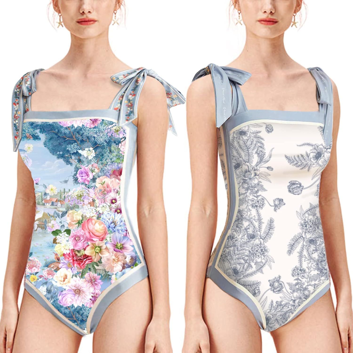WREWING Women Floral One Piece Swimsuits, Reversible Tie Shoulder Monokini, Tummy Control Bathing... | Amazon (US)