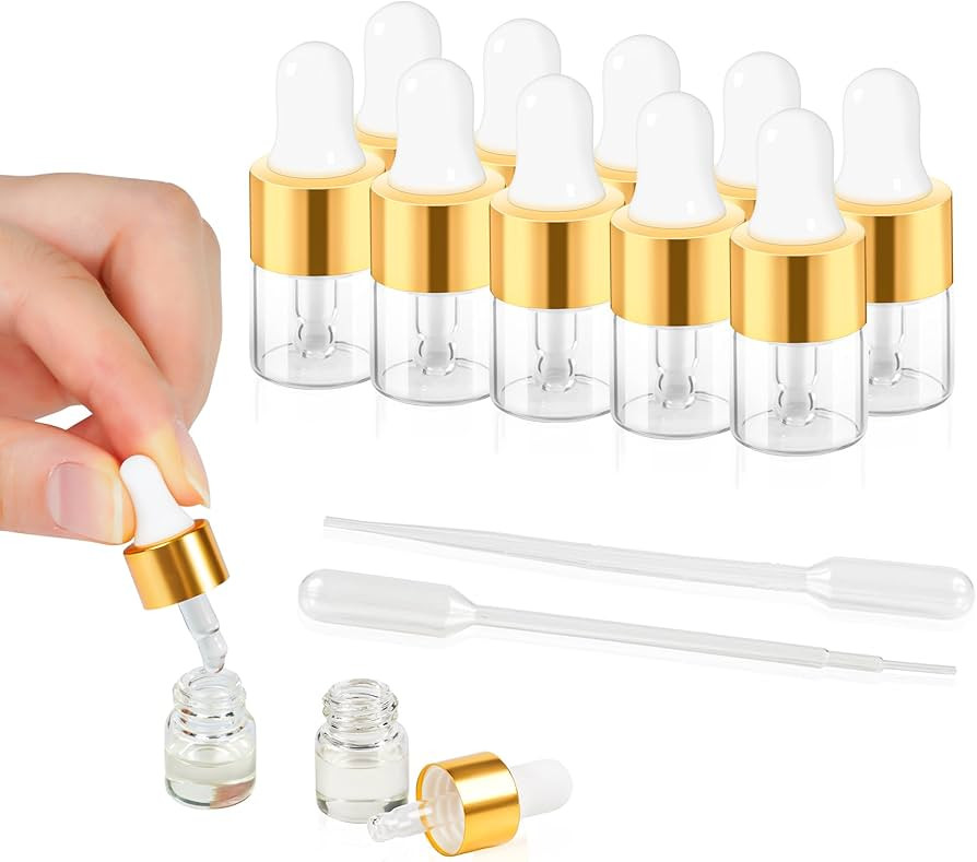 10pcs Mini Glass Dropper Bottle for Essential Oil,1ml Small Clear Sample Dropper Vails with Gold ... | Amazon (US)