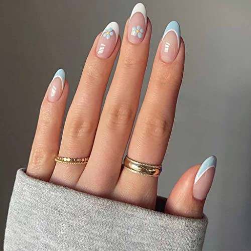 RikView French Tip Press on Nails Medium Fake Nails White Stick on Nails with Flowers Design Almond Blue Nails for Women | Amazon (US)