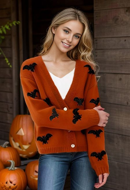 Mystic Bats Patch Buttoned Knit Cardigan in Pumpkin Halloween Costumes | Chicwish