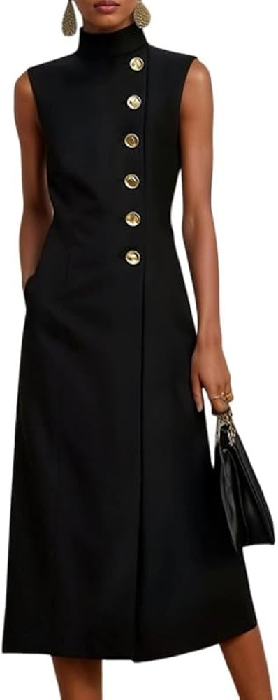 UOOZEE Women's Elegant Formal High Neck Dress Sleeveless Buttons Front Business Casual Work Dress... | Amazon (US)