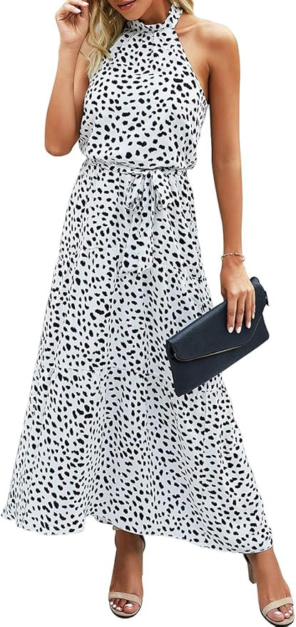 PRETTYGARDEN Women’s Casual Halter Neck Sleeveless Floral Long Maxi Dress Backless Loose Ruffle... | Amazon (US)