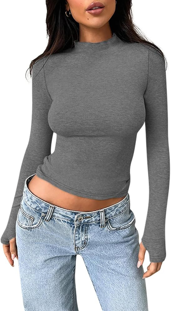 BZB Mock Neck Tops for Women Long Sleeve Shirts 2024 Fall Y2K Ribbed Knit Slim Fit Basic Layer Th... | Amazon (US)
