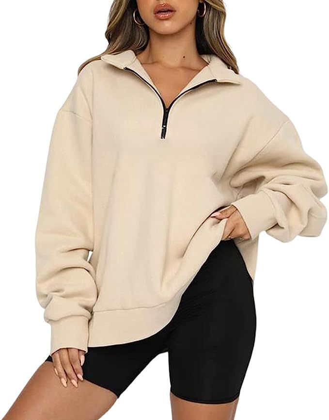 BASQDOV Women's Casual Sweatshirts 1/4 Zipper Long Sleeve Fall Top Oversized Pullover Tunics | Amazon (US)