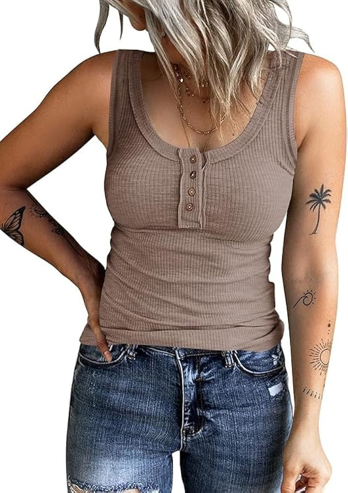 KINLONSAIR Women's Sleeveless Henley Tank Tops Ribbed V Neck Button Down T Shirts Summer Slim Fit... | Amazon (US)