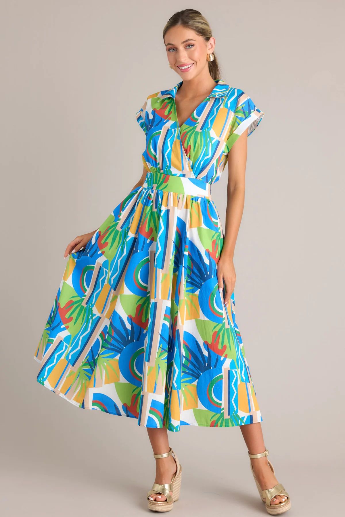 Oceanic Fantasy Blue Multi Tropical Print 100% Cotton Midi Dress | Red Dress