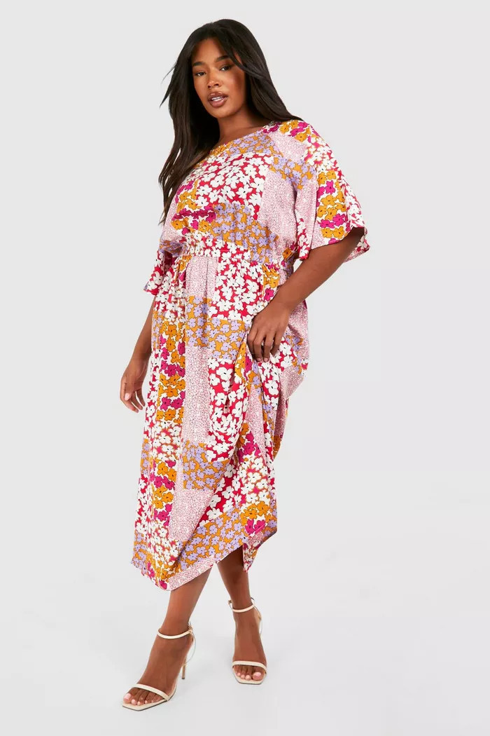 Plus Angel Sleeve Mixed Floral Print Dress | boohoo (US & Canada)